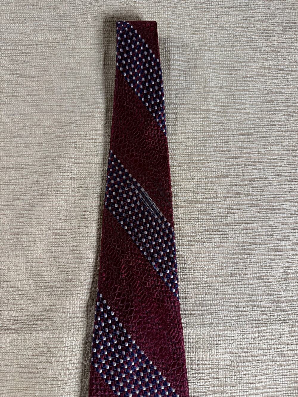 Vintage Dominique France Paris Men’s Tie Burgundy Navy Geometric Stripe 56”